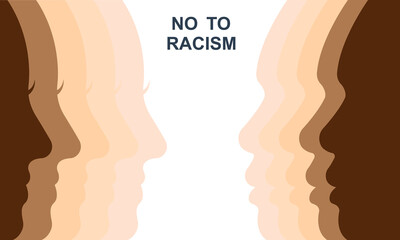 Say no to racism. Vector background with no racial discrimination. Man and woman with different skin tones. Stop racism. - obrazy, fototapety, plakaty