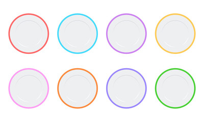 Set with colored plates icons on white background. Colored tableware. Vector 10 EPS.