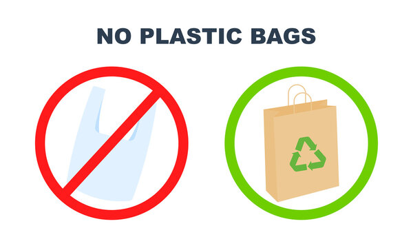Flat icon with ban plastic bags. Slogan no plastic bags. Forbidden use polythene package. Ecology concept.