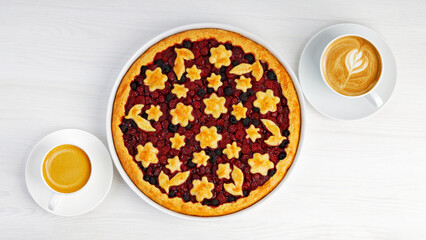 Homemade berry pie crostata and two cups of coffee - cappuccino and espresso on white wooden table. Top view.