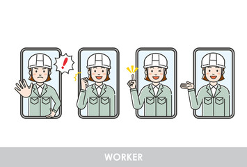 オンラインでミーティングする女性現場作業員のイラスト