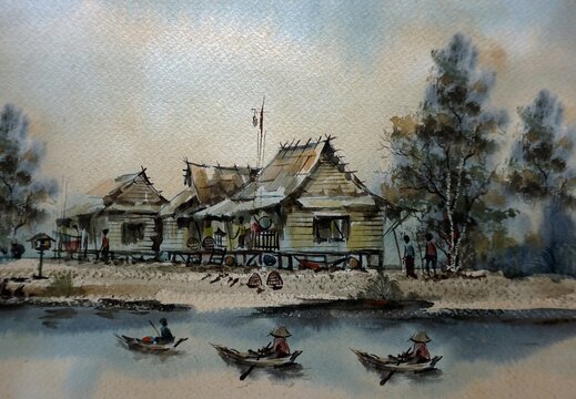 Art ,painting , waterlcolor, Hut northeast ,Thailand, Countryside  , rural life , rural thailand
