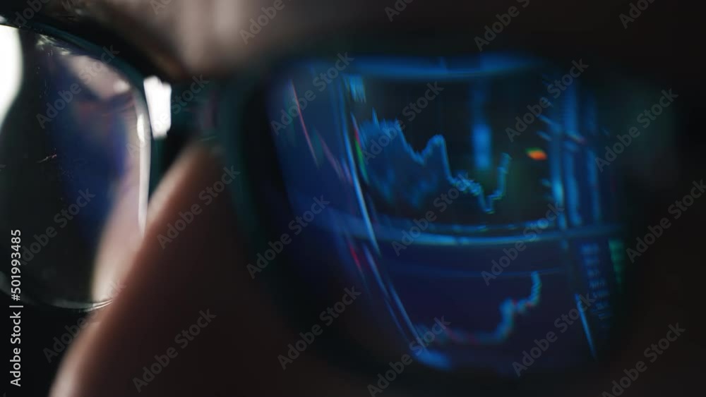 Poster trader is working with multiple computer screens with charts and data analysis and stock broker trad