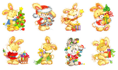 Set of Happy New Year 2023. Chinese New Year. The year of the Rabbit. Celebrations cards design with cute rabbits Watercolor illustration.