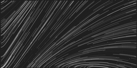 Black and White Moving Particles in Curving Lines, Scarcely Striped Pattern - Digitally Generated Dark Futuristic Abstract Geometric Background Design in Editable Vector Format