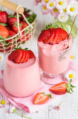 Strawberry sour cream jelly dessert in glasses. Summer berry dessert.