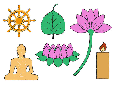 Set of Vesak. Vesak items. Image of Buddha, lotus flowers, bodhi tree, candle and the wheel of law. Flat vector illustration