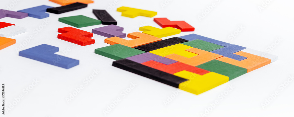 Poster tetris puzzle construction. wooden strategy game for children. intellectual, logical skills and prob
