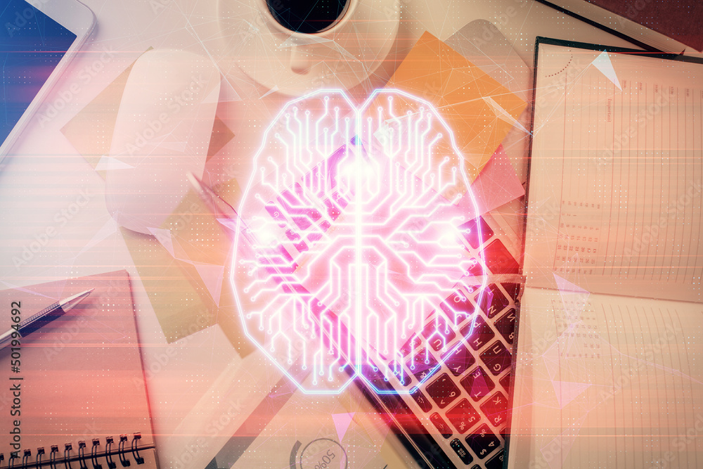 Aufkleber multi exposure of brain sketch hologram over topview work table background with computer. concept of