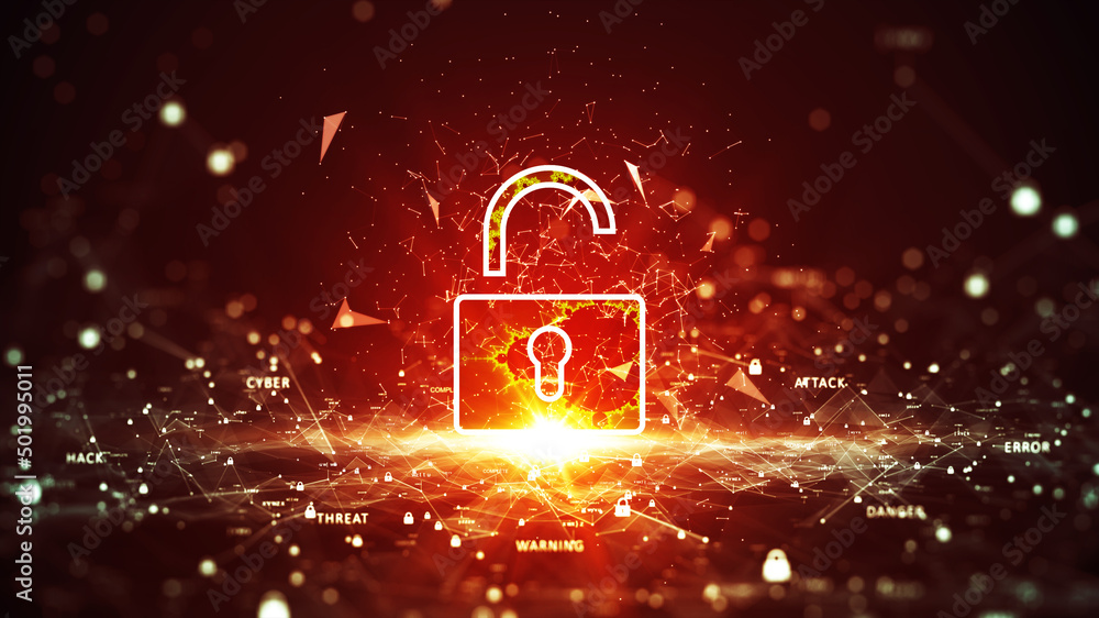 Poster Technology concept is attacked, computer cybersecurity defense system is hacked or destroyed. Interfering internet network. The unlocked red padlock stands out in the center of a small binary polygon.