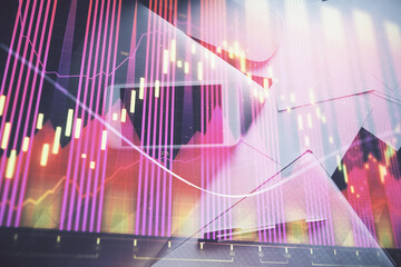 Multi exposure of forex graph hologram over desktop with phone. Top view. Mobile trade platform...