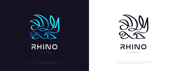 Abstract Blue Rhino Logo Design. Rhinoceros Logo with Hand Drawn Style © WzKz