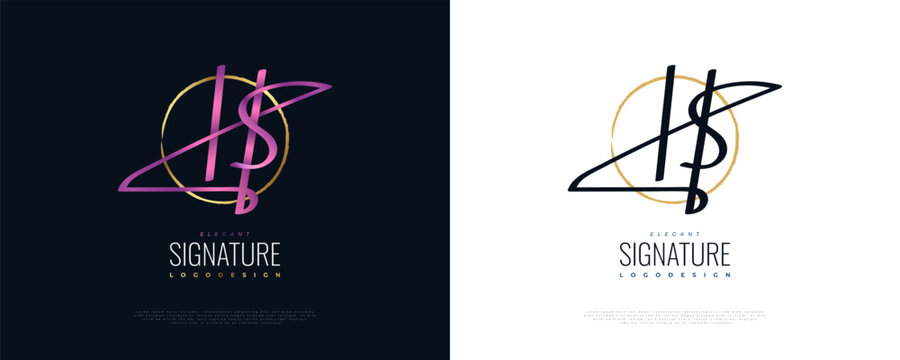 Initial H and S Logo Design in Purple Handwriting Style with Golden Frame. HS Signature Logo or Symbol for Wedding, Fashion, Jewelry, Boutique and Business Brand Identity