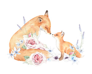 Watercolor illustration. Cute foxes. Mother and baby animal. Pink and blue flowers, green leaves and bouquets on white background. For prints, postcards, greeting cards, textile, invitations