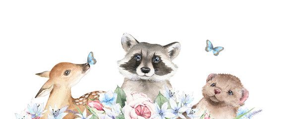Watercolor floral border and wild animals illustration. Cute little deer, raccoon, ferret and butterflies composition on white background. For prints, postcards, greeting cards, textile, invitations