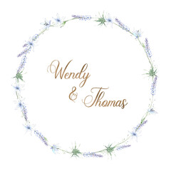 Watercolor floral wreath. Lilac lavender branches isolated on white background. Botanical illustration. For wedding designs, logo, postcards, greeting cards, invitations