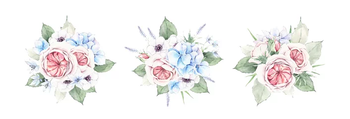 Papier Peint photo Des fleurs Ensemble de bouquets de fleurs à l& 39 aquarelle. Fleurs roses et bleues, feuilles vertes et branches isolées sur fond blanc. Pour les conceptions de mariage, cartes postales, cartes de vœux, invitations