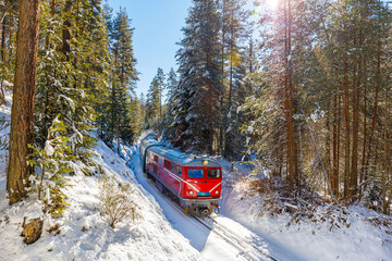 A beautiful red locomotive with an intercity passenger train rides along a mountain railway road against the backdrop of snow-covered trees. - Powered by Adobe