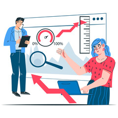 Data analysis and business statistics, business analytics and company performance KPI concept, flat vector illustration isolated on white background for website and presentation.