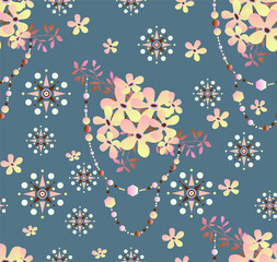 Cute and feminine seamless pattern with small flowers and embellishments made of beads and geometric shapes. Great print for trendy fabrics
