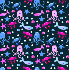 Cheerful seamless vector pattern with sea animals, crabs, fishes and octopuses. Background for printing on fabrics and paper