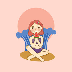 woman eat watermelon on beach in summer, cartoon girl character