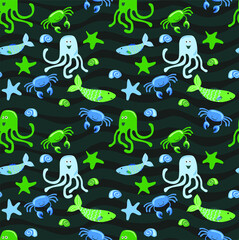 Naklejka na ściany i meble Cheerful seamless vector pattern with sea animals, crabs, fishes and octopuses. Background for printing on fabrics and paper