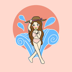 woman eating candy and walk on beach in summer