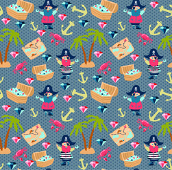 Cheerful seamless vector pattern with sea animals, pirates, palm trees and treasures. Adventure and travel for children and adults. Background for printing on fabrics and paper