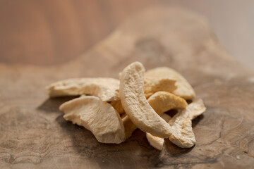 freeze dried pear chips on olive board