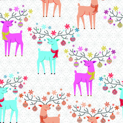 beautiful decorative New Year's deer with huge horns decorated with Christmas and New Year's toys. Seamless vector pattern for printing on wallpaper, paper and fabrics