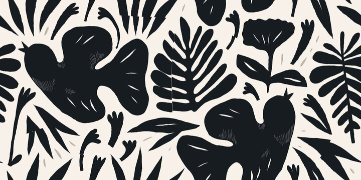 Botanical hand drawn mixed ethno style ornament pattern with birds. Abstract trendy monochrome print. Fashionable vector template for your design. 
