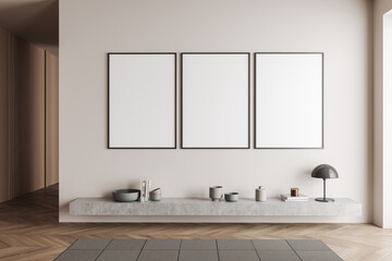 Naklejka na ściany i meble Bright living room interior with three empty white posters