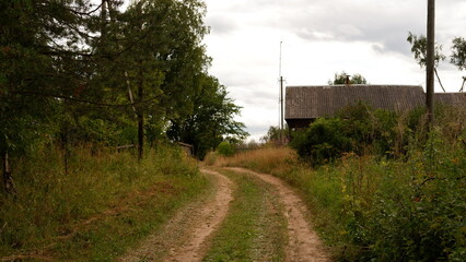 Beautiful rustic summer landscape with road. Old wooden log houses. Vologda region