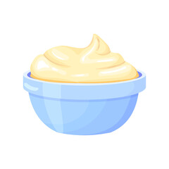 Bowl with the tasty mayonnaise, sauce cheese, cream or yoghurt. Vector isolated illustration for menu fast food restaurants, BBQ. Cup with fresh dairy product Ideal for apps, games, menu and banner.