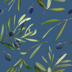 Watercolor hand drawn seamless pattern with olive leaf and olives.
