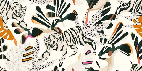 Schilderijen op glas Hand getekende abstracte jungle patroon met tijgers. Artistiek collage eigentijds naadloos patroon. Modieuze sjabloon voor ontwerp. © Irina