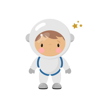 Cute Cosmonaut. Cartoon style. Vector illustration. For card, posters, banners, children books, printing on the pack, printing on clothes, fabric, wallpaper, textile or dishes.