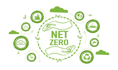 Fototapeta na wymiar Net zero and carbon neutral concept in hand. Net zero greenhouse gas emissions target. Climate neutral long term strategy with green net zero icon and green icon on green circles doodle background. 