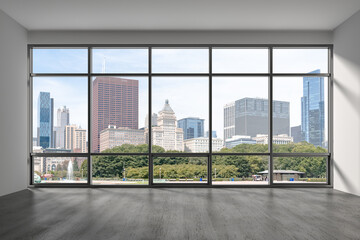 Obraz na płótnie Canvas Downtown Chicago City Skyline Buildings from High Rise Window. Beautiful Expensive Real Estate overlooking. Epmty room Interior Skyscrapers View in Penthouse Cityscape. Day time. 3d rendering.