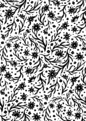 Vector monochrome seamless pattern with small black flowers on stems on a white background. Natural texture with Ditsy for fabrics.