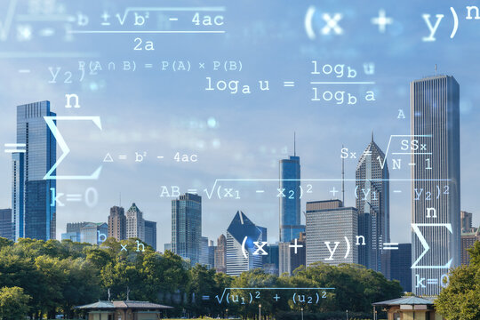 Chicago skyline from Butler Field towards financial district skyscrapers, day time, Chicago, Illinois, USA. Parks and gardens. Education concept. Academic research, top ranking universities, hologram