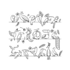 Collection of paradise tropical birds. Pink flamingo and green parrots on branches. Peacocks with toucans etc. Childish style for your design. Colouring page
