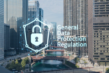Aerial city panorama of Chicago Riverwalk downtown area, Boardwalk with bridges, day time, Illinois, USA. GDPR hologram, concept of data protection regulation and privacy for individuals