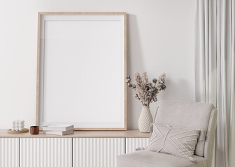 Empty vertical picture frame on white wall in modern living room. Mock up interior in contemporary, scandinavian style. Free, copy space for picture. Console, pampas grass. Close up. 3D rendering. © Creative_Bird