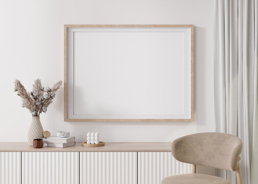 Empty horizontal picture frame on white wall in modern living room. Mock up interior in minimalist, contemporary style. Free space for your picture, poster. Console, pampas grass in vase. 3D rendering