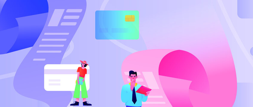 Flat vector concept illustration of people looking at credit card bills

