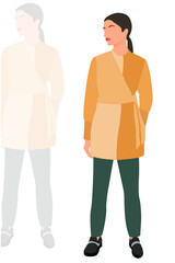 Young slim stylish girl in fashionable suit standing. Adult grown model. Isometric flat style.