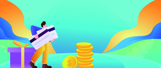 Flat vector concept illustration of people looking at credit card bills
