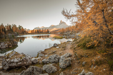 Fototapeta na wymiar An alpine lake among the dolomites with reflection